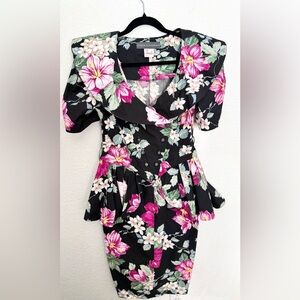 Karen Alexander Vintage Floral Wiggle Dress Peplum Cottagecore Garden Party 80s